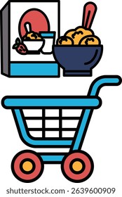 A cartoonish image of a blue shopping cart with a box of cereal and a bowl of cereal on top of it