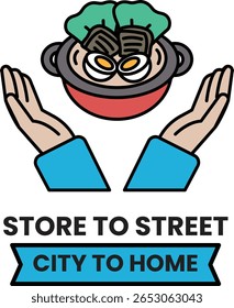 A cartoonish image of a man holding a pot with a smiling face on it. The image is titled "Sore to Street City to Home"