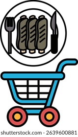A cartoonish image of a plate of food with a fork, knife, and three pieces of meat on it. The plate is surrounded by a circle, and a shopping cart is in the background