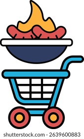 A cartoonish image of a shopping cart with a bowl of food in it, including hot dogs and a fire