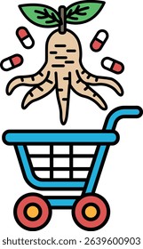 A cartoonish image of a shopping cart with a bunch of pills and a root vegetable in the cart