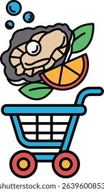 A cartoonish image of a shopping cart filled with food items, including a crab, an orange, and a leaf