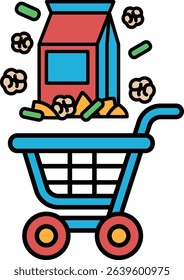 A cartoonish image of a shopping cart filled with a bag of popcorn. The bag is overflowing with popcorn, spilling out of the cart and onto the ground. The scene is playful and fun