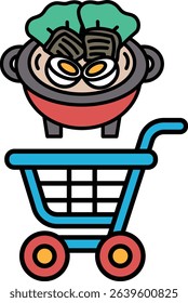 A cartoonish image of a shopping cart with a pot of food on top of it. The pot is filled with vegetables and eggs, and the cart is blue. The image has a playful and whimsical mood