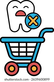 A cartoonish image of a shopping cart with a toothbrush in it and an X on it. The toothbrush is positioned in the middle of the cart, and the X is placed above it