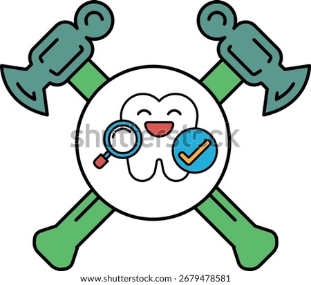 A cartoonish image of a toothbrush with a smiley face and a magnifying glass. The toothbrush is surrounded by a cross and a hammer. Concept of humor and playfulness