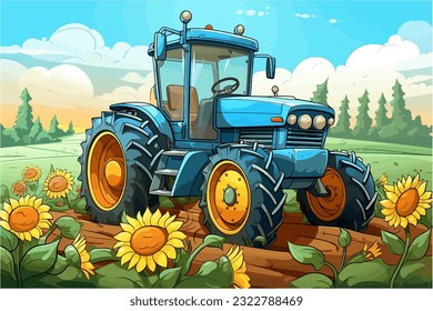 A cartoonish image of a tractor having fun plowing a field in the backdrop with happy sunflowers