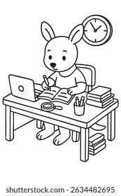 A cartoonish kangaroo is sitting comfortably at a desk, using a laptop while surrounded by various books stacked around it on the table