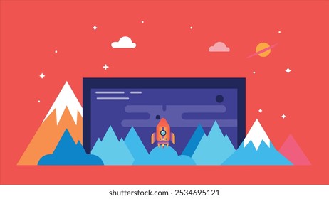 A cartoonish landing page with a rocket launching from a mountain peak in a space landscape. The rocket is orange and purple and surrounded by blue, orange, and white mountains.