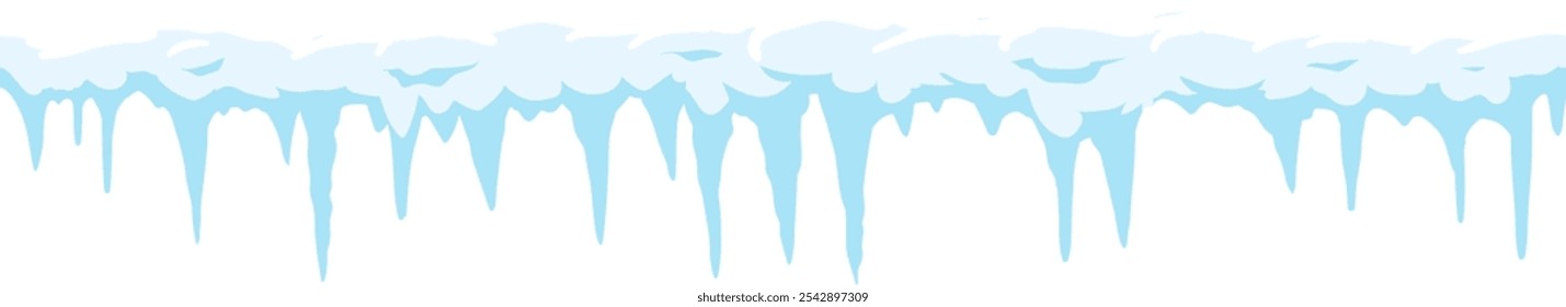 Cartoonish light blue icicles hanging down from a layer of snow, with some of the ice melting, creating a winter wonderland scene