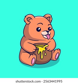 Cartoonish little bear is eating honey from a jar