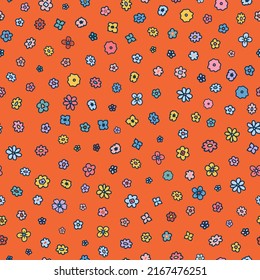 Cartoonish little ditsy daisy seamless repeat pattern. Random placed, vector flower petals all over surface print on orange background.