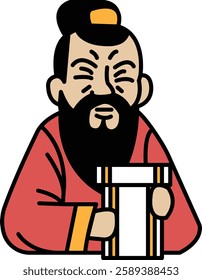 A cartoonish man with a beard and mustache is holding a piece of paper. He looks angry and is wearing a red robe