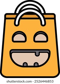 Un bolso naranja caricaturesco con una cara sonriente. La bolsa está sonriendo y tiene la boca abierta