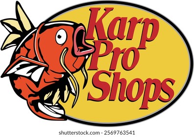 cartoonish orange fish with an open mouth, resembling a carp, on the left side fish is detailed with fins and scales. To the right of the fish, there is a yellow oval background with 'Karp Pro Shops'.