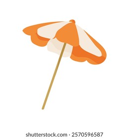 A cartoonish orange and white umbrella with a brown stick. The umbrella is open and the stick is sticking out of it