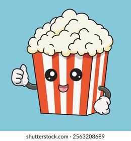 A cartoonish popcorn box character with big, expressive eyes and a cheerful smile, giving a thumbs up