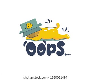 Cartoonish puppy and a lettering phrase - Oops. The funny dog made a prank with a box. Good for web designs, t-shirts, ads, postcards, etc. The flat image is a vector illustration