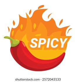 Cartoonish red chili pepper is surrounded by stylized flames, suggesting the spiciness of the food