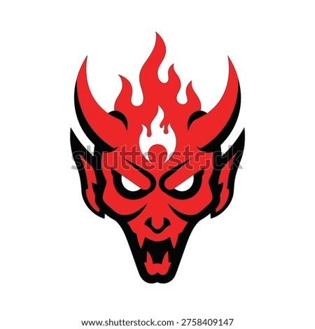 a cartoonish red devil head with a menacing expression, featuring black horns, eyebrows, and mouth, with a white flame on its forehead and red flames rising from its head