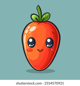 Cartoonish red tomato with a green stem and leaves. The tomato is smiling and has a happy expression