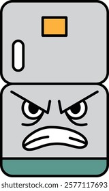 A cartoonish refrigerator with an angry face on it