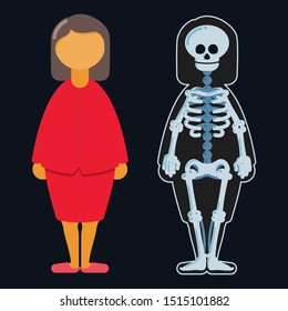 Cartoonish representation of woman and its bones as seen with roentgen