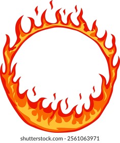 Cartoonish ring of fire burning brightly, creating a circular frame on a white background, ideal for designs related to heat, energy, and passion