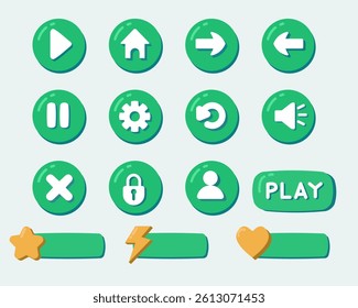 Cartoonish, rounded, green game interface buttons and controls.