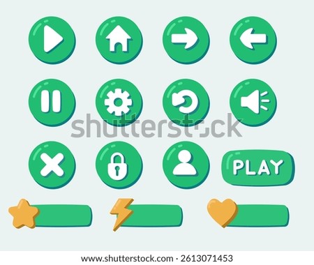 Cartoonish, rounded, green game interface buttons and controls.