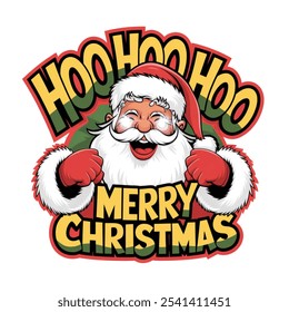 A cartoonish santa with a big smile on his face and the words "Hoo Ho Ho Merry Christmas" written below him