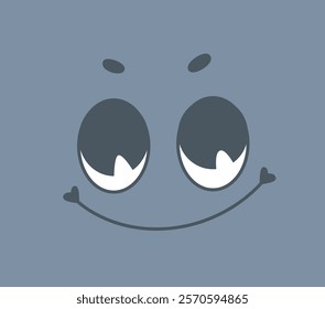 Cartoonish smiling face with heart-shaped details and large expressive eyes on a gray background. Fun, cheerful, and playful concept. Vector illustration