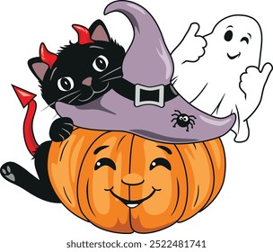 Cartoonish smiling pumpkin with black cat and winking ghost. Vector