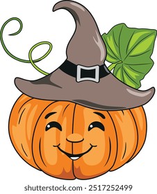 Cartoonish smiling pumpkin with hat. Vector