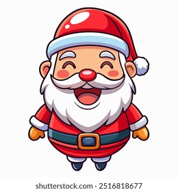 A cartoonish, smiling Santa Claus with a red hat and red nose. He is wearing a red suit and has a blue belt