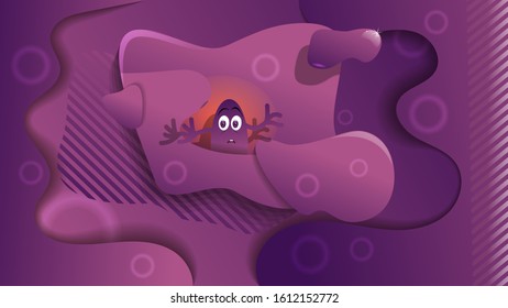 cartoonish song among overlapping pink-purple abstract shapes with different textures. Cartoon art wallpaper with 3D effect. vector image
