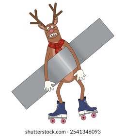 Cartoonish style Christmas reindeer attached adhesive tape. Flat vector illustration. Conceptual artwork template design. EPS 10