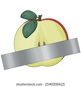 Cartoonish style red apple attached adhesive tape to the wall. Conceptual art with fruit isolated white background. Vector illustration. EPS 10