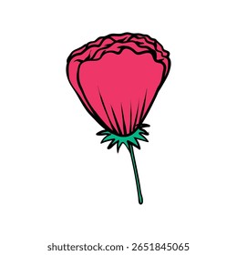 Cartoonish, stylized flower with a deep pink blossom and a teal green stem.
