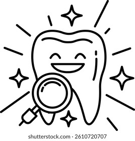 A cartoonish tooth with a magnifying glass on it