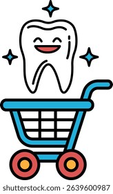 A cartoonish tooth is smiling and is in a shopping cart. The cart is blue and has wheels
