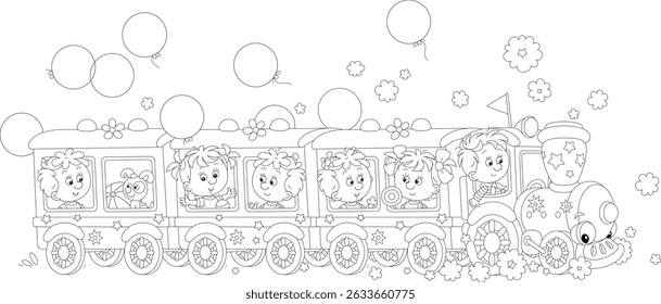 Cartoonish toy train with traveling happy little children and holiday balloons flying around, black and white vector cartoon illustration for a coloring book