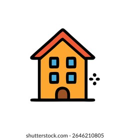 A cartoonish, two-story building, depicted in bold outlines and flat colors, with a simple roof and windows.