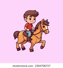 Cartoonish Vector Graphic, Flaat Style Illustration eines Kindes Reiten eines Pferdes in einer Renn-Meisterschaft