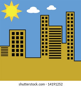 Cartoonish vector illustration of a cityscape by day