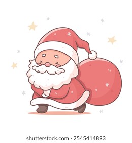 A cartoonish version of Santa Claus is walking with a red bag on his back