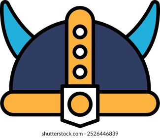 Um capacete viking caricatural com chifre azul e amarelo. O capacete é desenhado de forma estilizada, com os chifres e outros detalhes enfatizados. A cena é divertida e extravagante