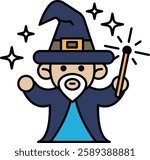 A cartoonish wizard with a blue hat and a wand. He is holding a wand and is surrounded by stars