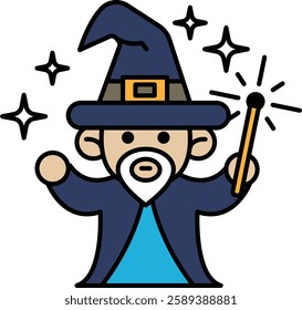 A cartoonish wizard with a blue hat and a wand. He is holding a wand and is surrounded by stars