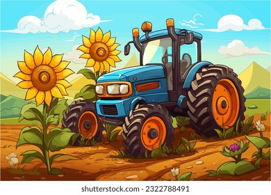 Representando con caricatura a un tractor divertiéndose arando un campo con girasoles felices al fondo